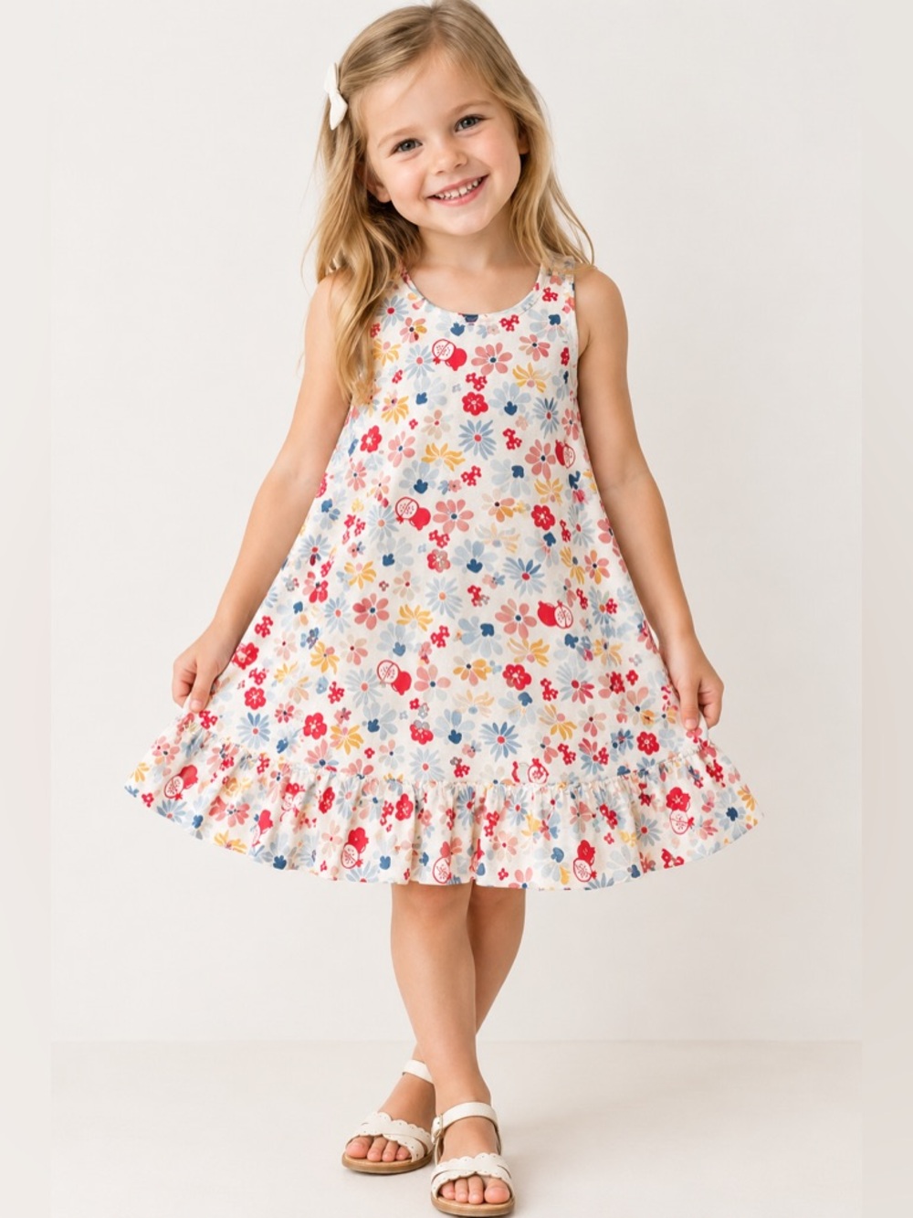 Petit Bateau White Floral Ruffle Hem Dress with Red, Blue & Yellow Flowers